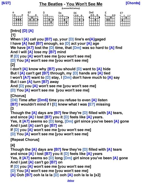 The Beatles You Won T See Me Lyrics And Chords Guitar Tabs Songs Easy Guitar Chords