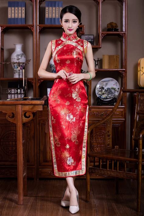 Shanghai Story Vintage Chinese Womens Satin Polyester Long Cheongsam Qipao Dress Sleeveless