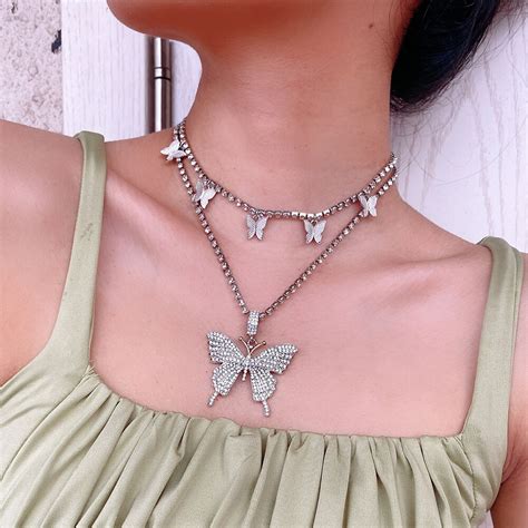 luxury butterfly chain choker necklace women rhinestones chains butterfly pendant necklace