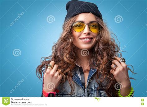 Beautiful Hipster Girl With Curly Hair Smiling Posing At Camera Stock