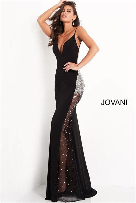 Jovani Long Fitted V Neck Formal Dress Sheer Crystal Rhinestone Side Prom Dresses Jovani