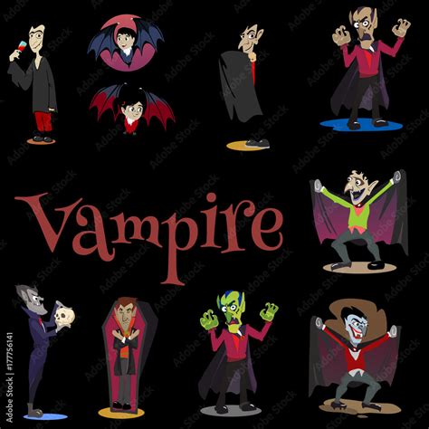 Halloween Set With Vampire And Their Castle Under Full Moon And Cemetery Draculas Monster In