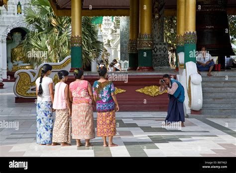 Burmese Women Posing For A Photograph Shwedagon Pagoda Yangon