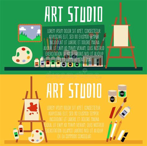 Art Studio Banners Or Flyers Set With Artists Tools Flat Vector