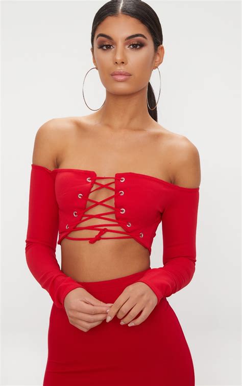 Red Lace Up Front Under Bust Crop Top Tops Prettylittlething Aus