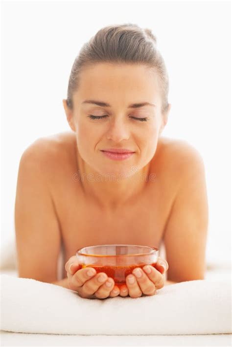 Happy Young Woman Laying On Massage Table With Honey Plate Stock Image Image Of Healthy