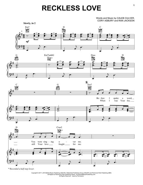 Reckless Love Sheet Music Cory Asbury Piano Vocal And Guitar Chords Right Hand Melody