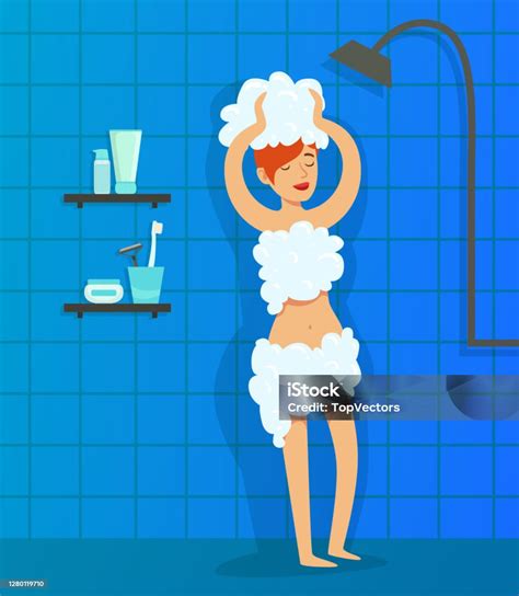 Young Woman Taking Shower With Bubble Foam Girl Washing Hair In Bathroom Cartoon Style Vector