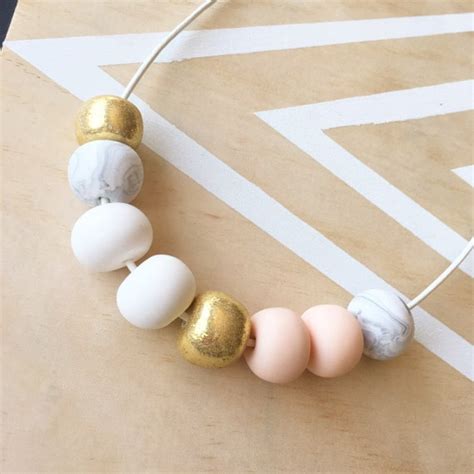 Polymer Clay Bead Necklace Marble Gold Nude White The