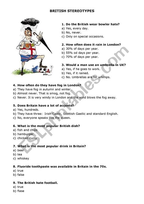 British Stereotypes Quiz Esl Worksheet By Screecher