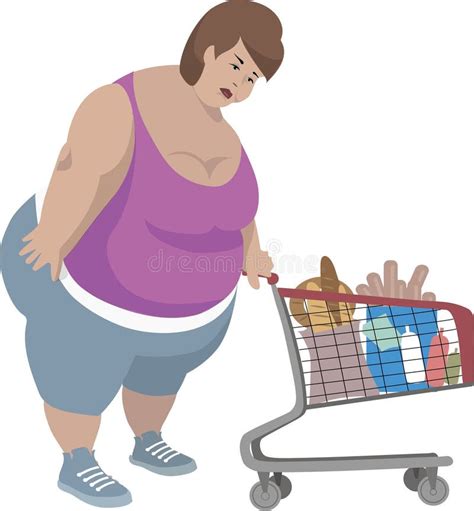 A Fat Woman In A Supermarket Carries A Cart Full Of Groceries Cartoon Stock Vector