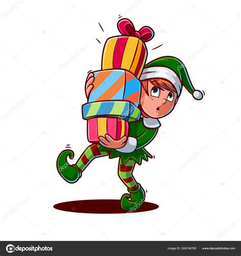 Elf Boy Carrying Stack Christmas Presents Isolated Character White