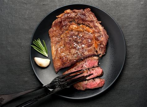 Medium Rare Grilled Steak Ribeye In A Plate Stock Image Image Of Copy