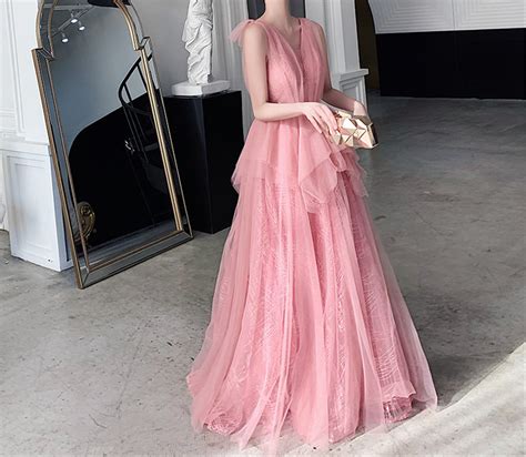 Pink Tulle Prom Dress V Neck Bridesmaid Dress Dreamy A Line Etsy