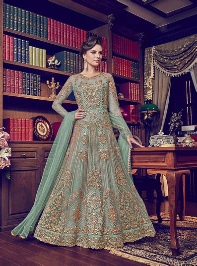 Sky Blue Butterfly Net Embroidery Salwar Kameez Material Brithika Luxury Fashion