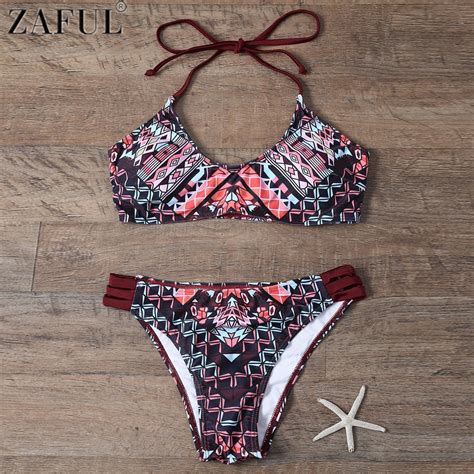 buy zaful halter geometry print sexy bikini set padded swimwear brazilian