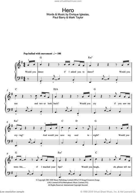 Compositions for different skill levels. Iglesias - Hero sheet music for piano solo (beginners) PDF
