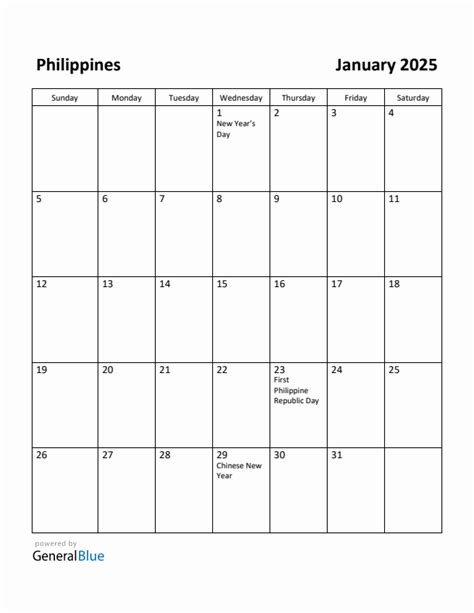 Free Printable January 2025 Calendar For Philippines