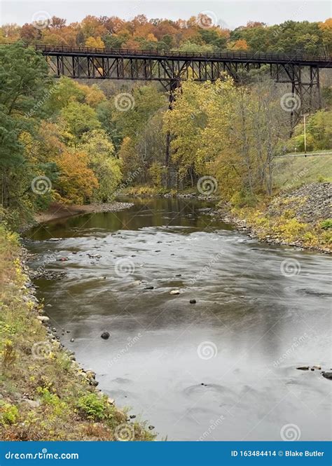 Trestle Bridge Over A River In Autumn Stock Photo Image Of Rosendale