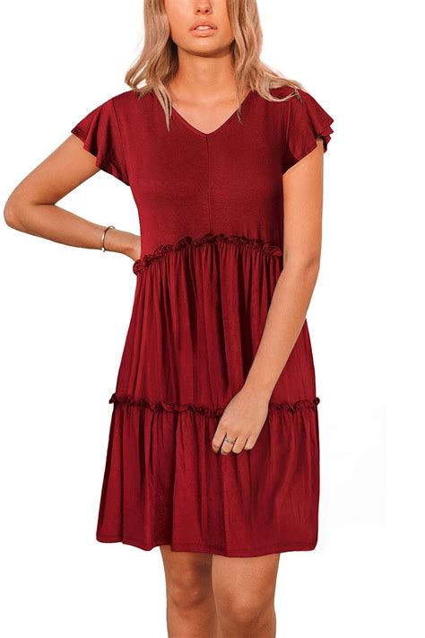 Buy Zattcas Womens Short Sleeve Summer Dress V Neck Loose Ruffle Casual Dresses Wine Red Xx
