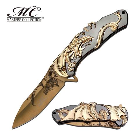 Gold Dragon Design Spring Assisted Opening Folding Knife 
