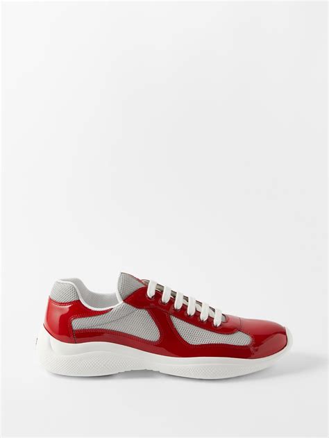 Red Americas Cup Patent Leather And Mesh Trainers Prada Matches Uk