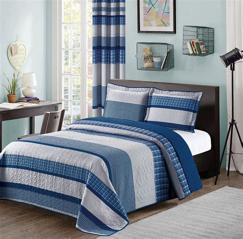 Sears bedspreads and matching curtains. All American Collection Blue and Grey Modern Plaid ...