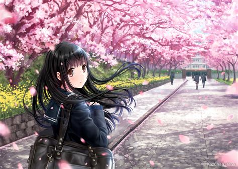 Download 1920x1080 Anime Girl Sakura Blossom School Walking Black