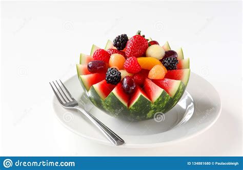 Fancy Cut Watermelon With Assorted Fruit Inside Stock Photo Image Of Peaches Bowl 134881680
