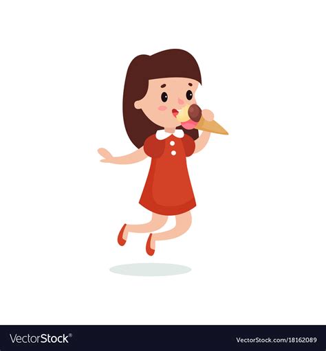 Happy Brunette Girl Licking Ice Cream Cartoon Vector Image