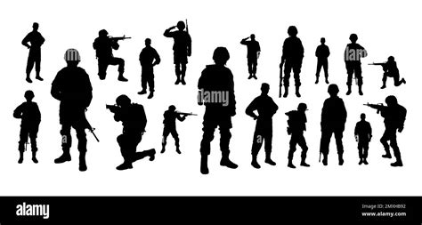 collage with silhouettes of military soldiers on white background banner military service