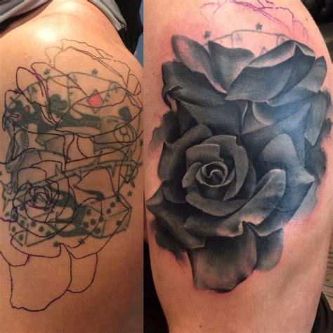 60 amazing cover up tattoos pictures before and after you won't believe that there was a tattoo. Grey opaque rose cover up by Lou Bragg | Cover up tattoos ...