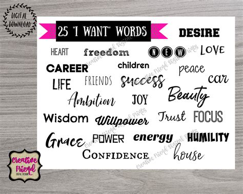 Vision Board Things I Want Words Printables 2023 Vision Powerful Words