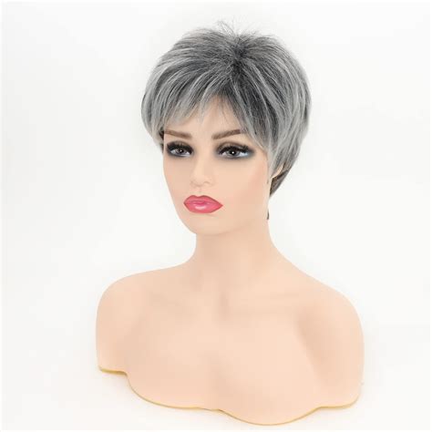 Short Grey Wig Pixie Cut Wig With Bangs Mixed Grey Wigs For White Women