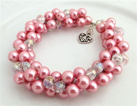 Pink Pearl Crystal Bracelet Bridal Pearl Bracelet Pink Bracelet