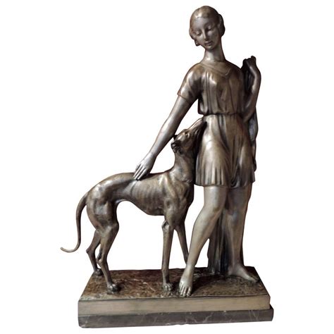 Grand Art Deco Bronze Sculpture Of A Woman And Greyhound By I Gallo At