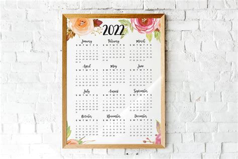 2022 Year At A Glance Calendar | Watercolor Roses | Printable Calendar