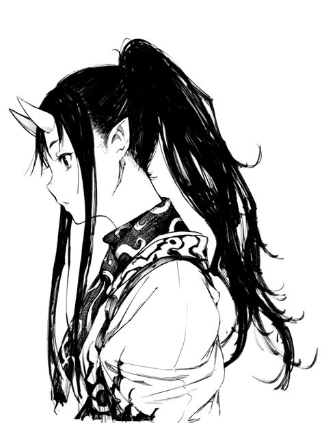 Safebooru 1girl Highres Japanese Clothes Long Hair Monochrome Oni Oni Horns Original Pointy