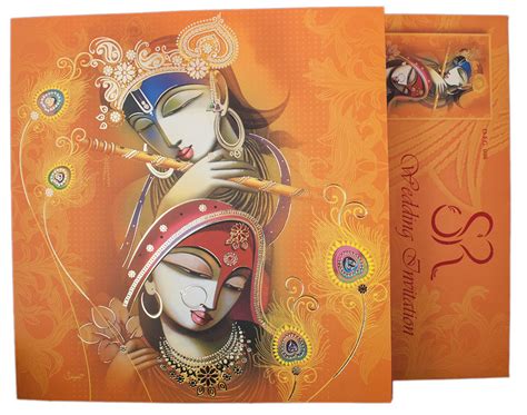 Hindu Wedding Card With Modern Radha Krishna Design In Orange