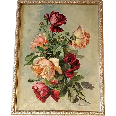 Antique Roses Paint Oil On Canvas Victorian Signed After Catherine