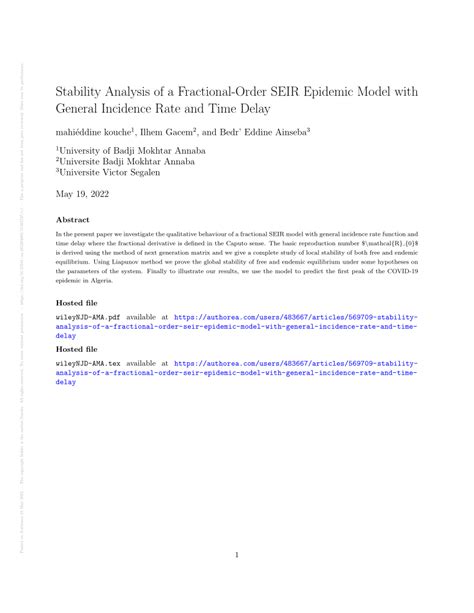 Pdf Stability Analysis Of A Fractional Order Seir Epidemic Model With General Incidence Rate