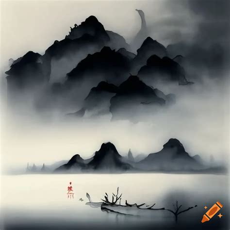 Chinese Ink Painting Of A Serene Lake And Mountains On Craiyon