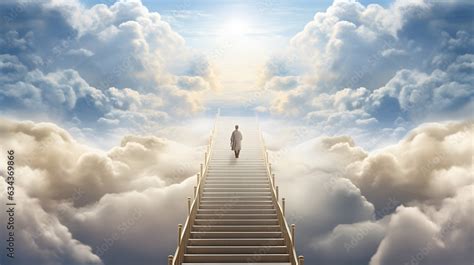 Person Walking Up Stairway To Heaven Through Clouds In The Sky After