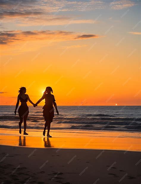 Premium Ai Image A Silhouette Of Two Friends Walking Handinhand Along A Beach At Sunset