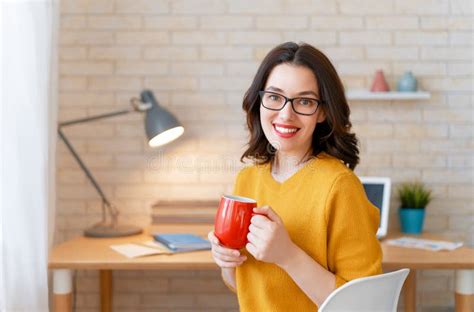 Woman Working In Home Office Stock Photo Image Of Happy
