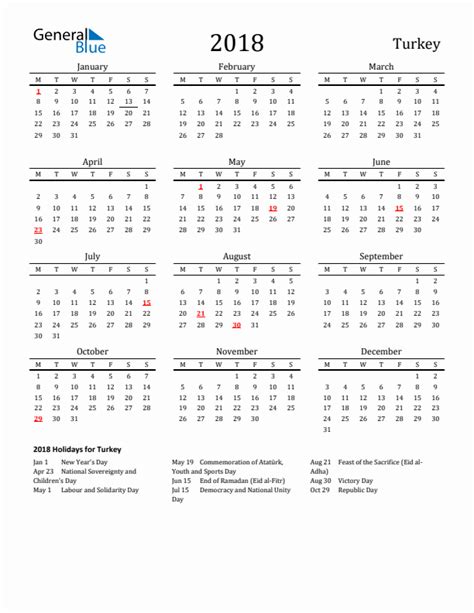 2018 Holiday Calendar For Turkey Monday Start