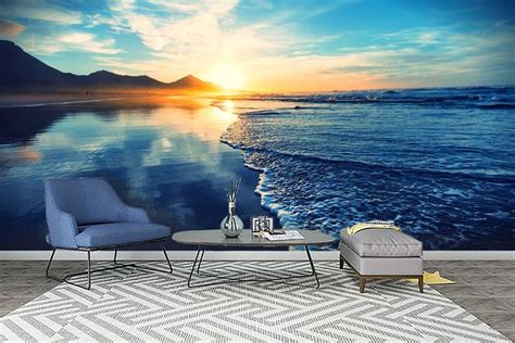 3d Sunrise View Blue Ocean Wallpaper Removable Self Etsy Waves
