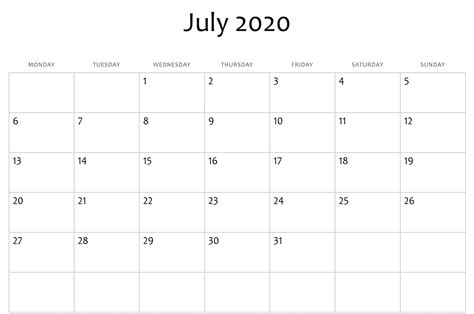 Blank July Calendar 2020 Yearly Calendar Template Free Printable