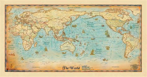 Antique World Wall Map Pacific Centered Zoom Antique World Map Antique