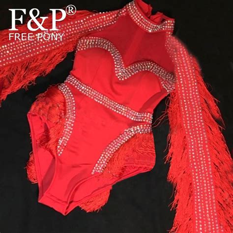 Drag Queen Costumes Red Fringe Jumpsuit Rhinestone Bodysuit Dancer